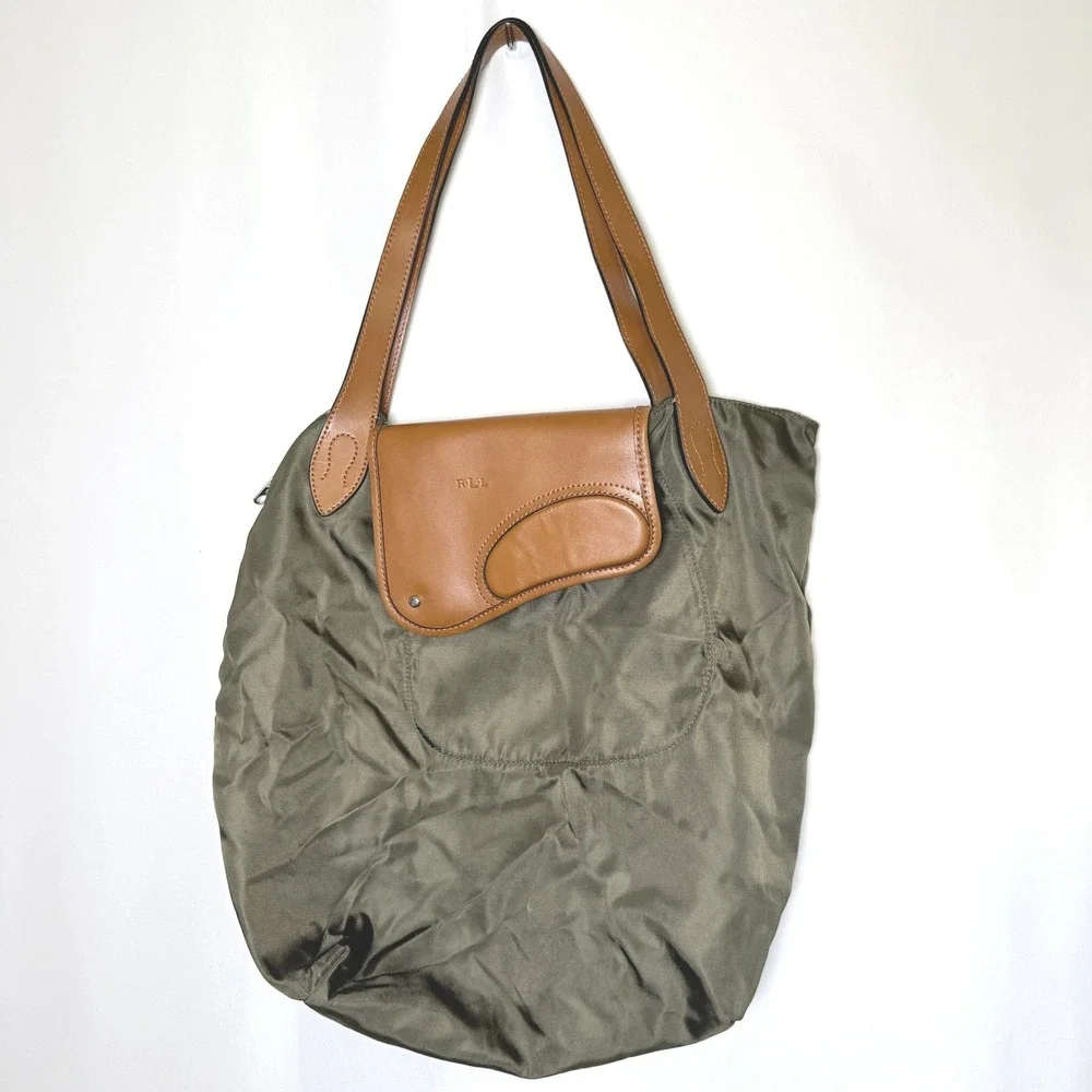 Lauren Ralph Lauren Nylon Leather Tote Shoulder Bag Olive Green RLL Equestrian - Picture 1 of 15